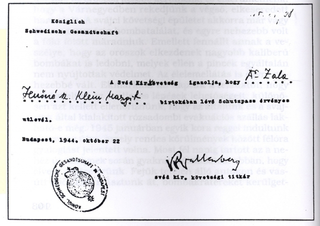 Wallenberg által aláírt igazolás