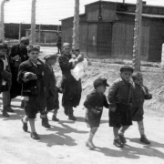 Magyar zsidók a birkenaui barakkok előtt, útban a különálló gázkamrák felé, 1944
